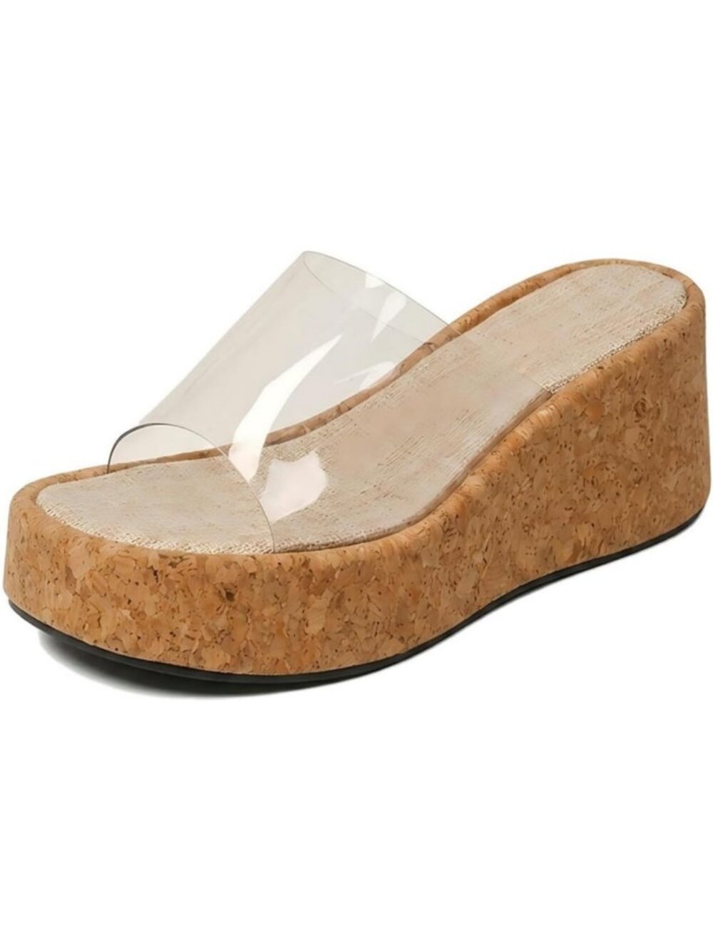 Stylish Clear Strap Cork Wedge Platform Sandals - Open Toe Backless Slides for